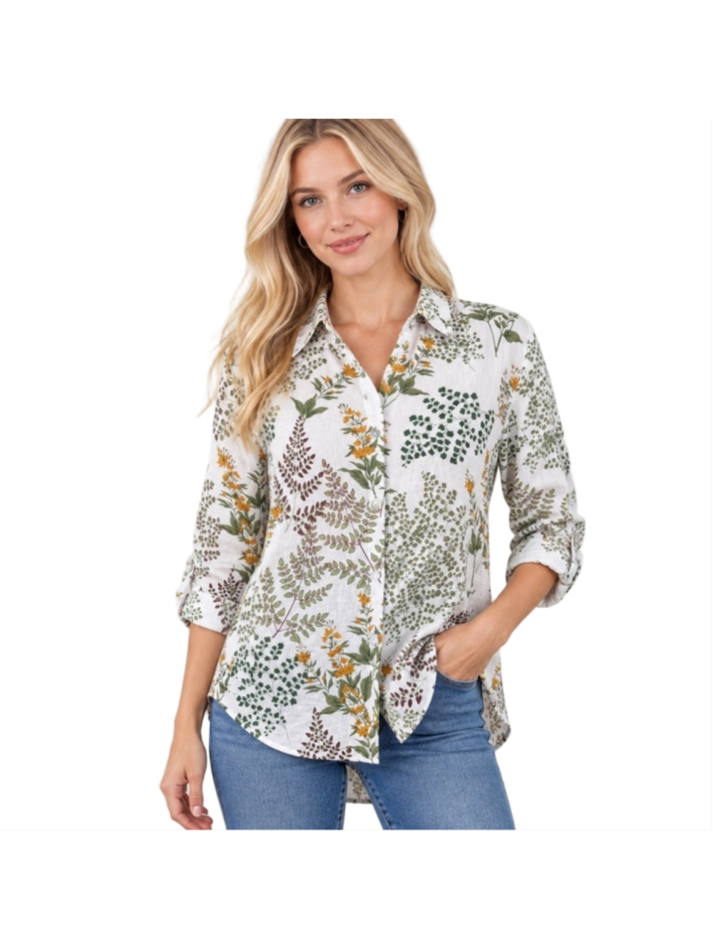 Cynthia Rowley Linen Botanical Fern Wildflower Blouse Cottagecore Nature Boho XL